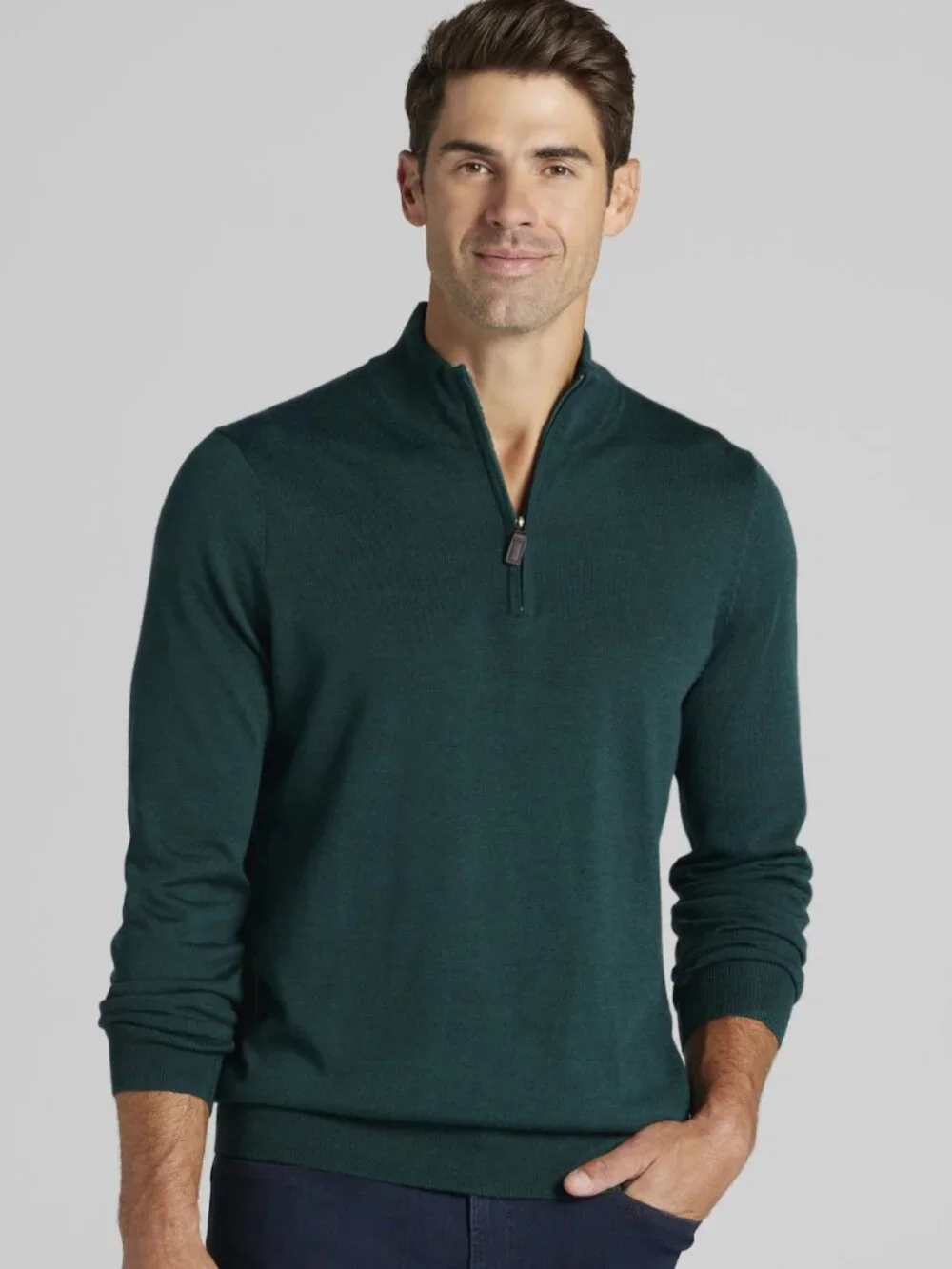 NWT Jos A Bank Traveler 100% Merino Wool 1/4 Zip Sweater Dark Green Size XL - Picture 1 of 11